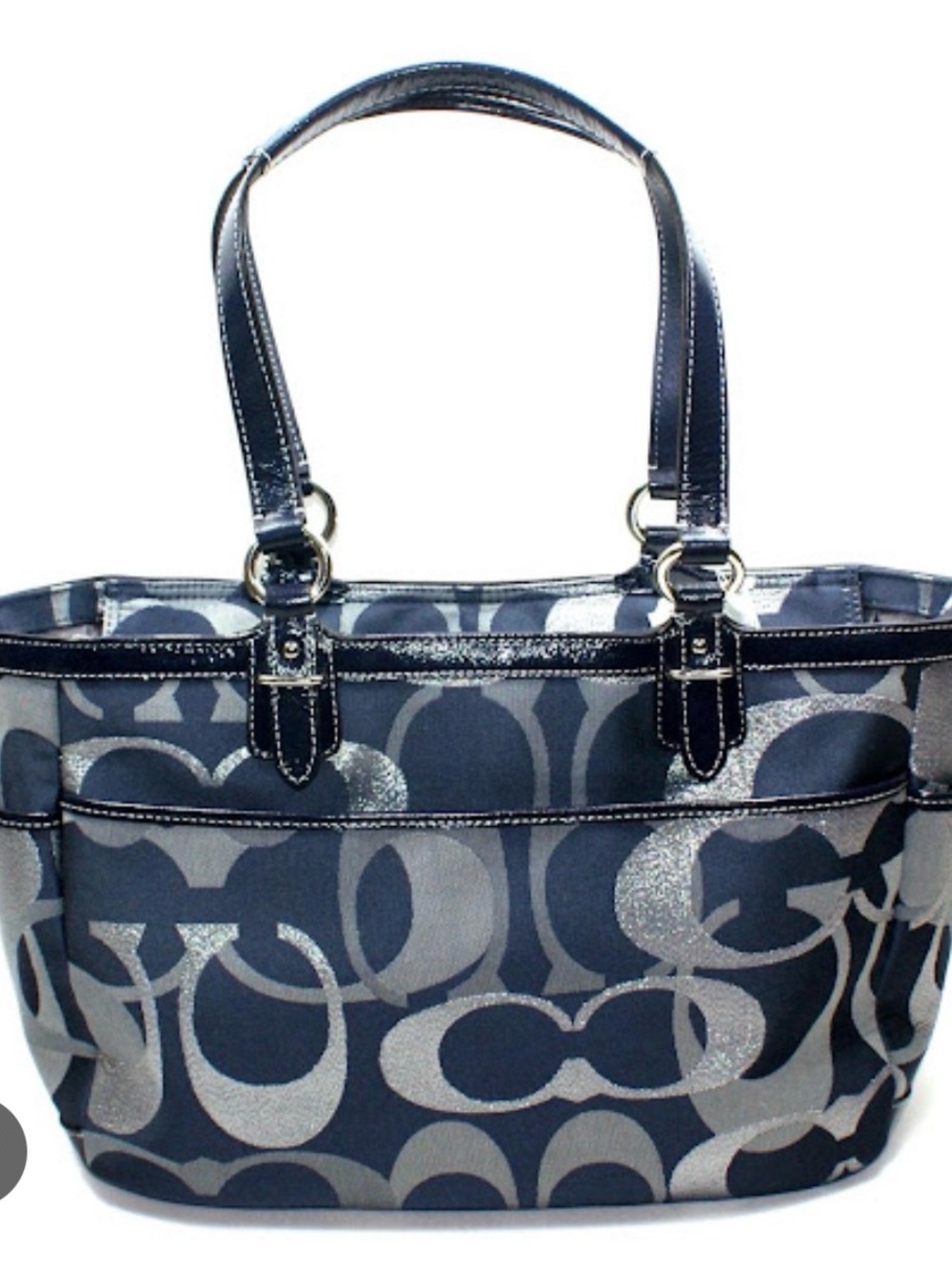 Coach Gallery Signature Optic Metallic Tote Navy & Silver Medium
